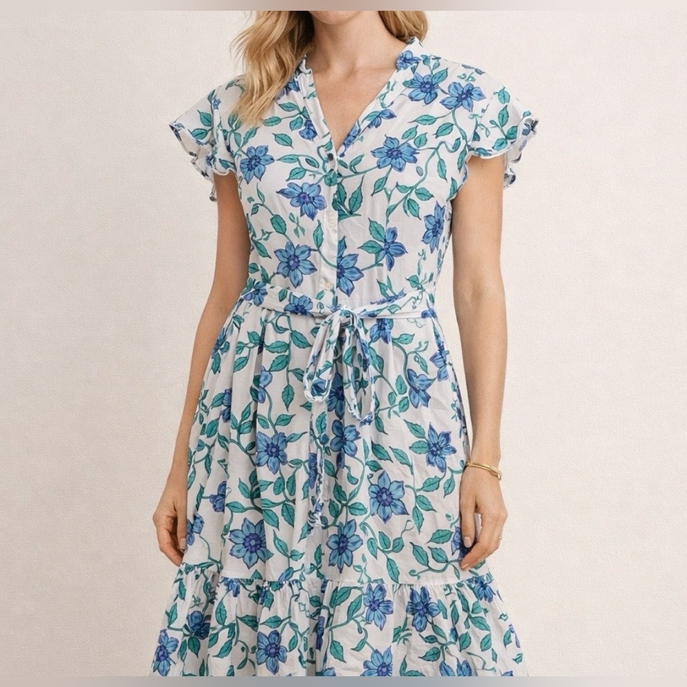 Calypso St. Barth Women’s Floral Ruffle Puff Mini Cotton Dress 10 Large
